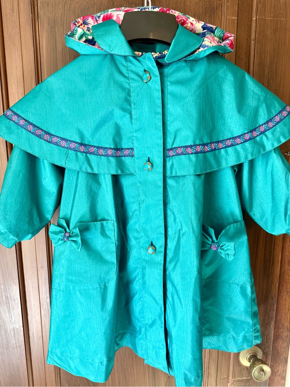 Rothschild Teal Hooded Raincoat with Floral-Lined Removable Hood size 4